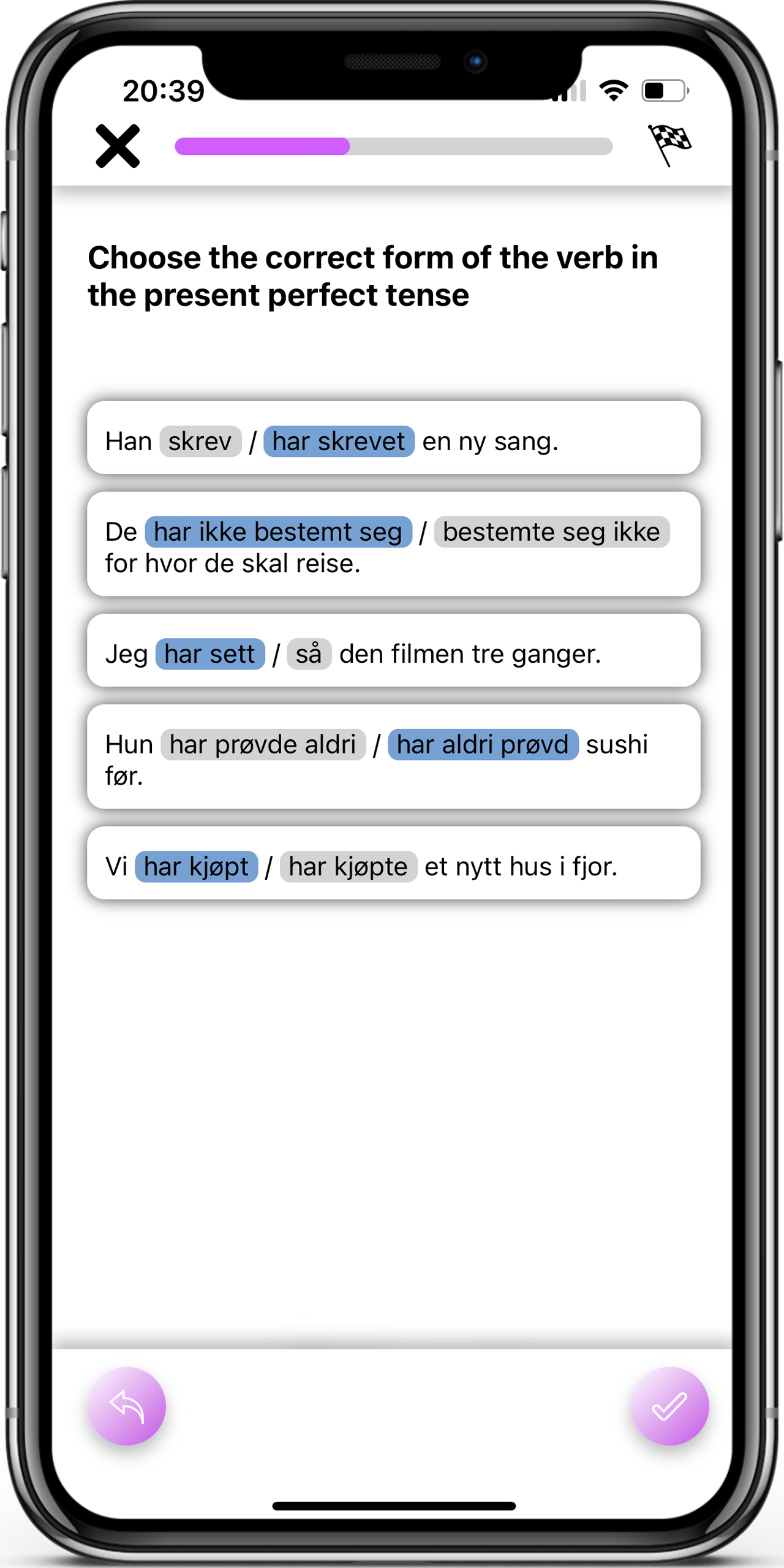 Interactive Exercises in the Learn Norwegian app, screen 2 of 5