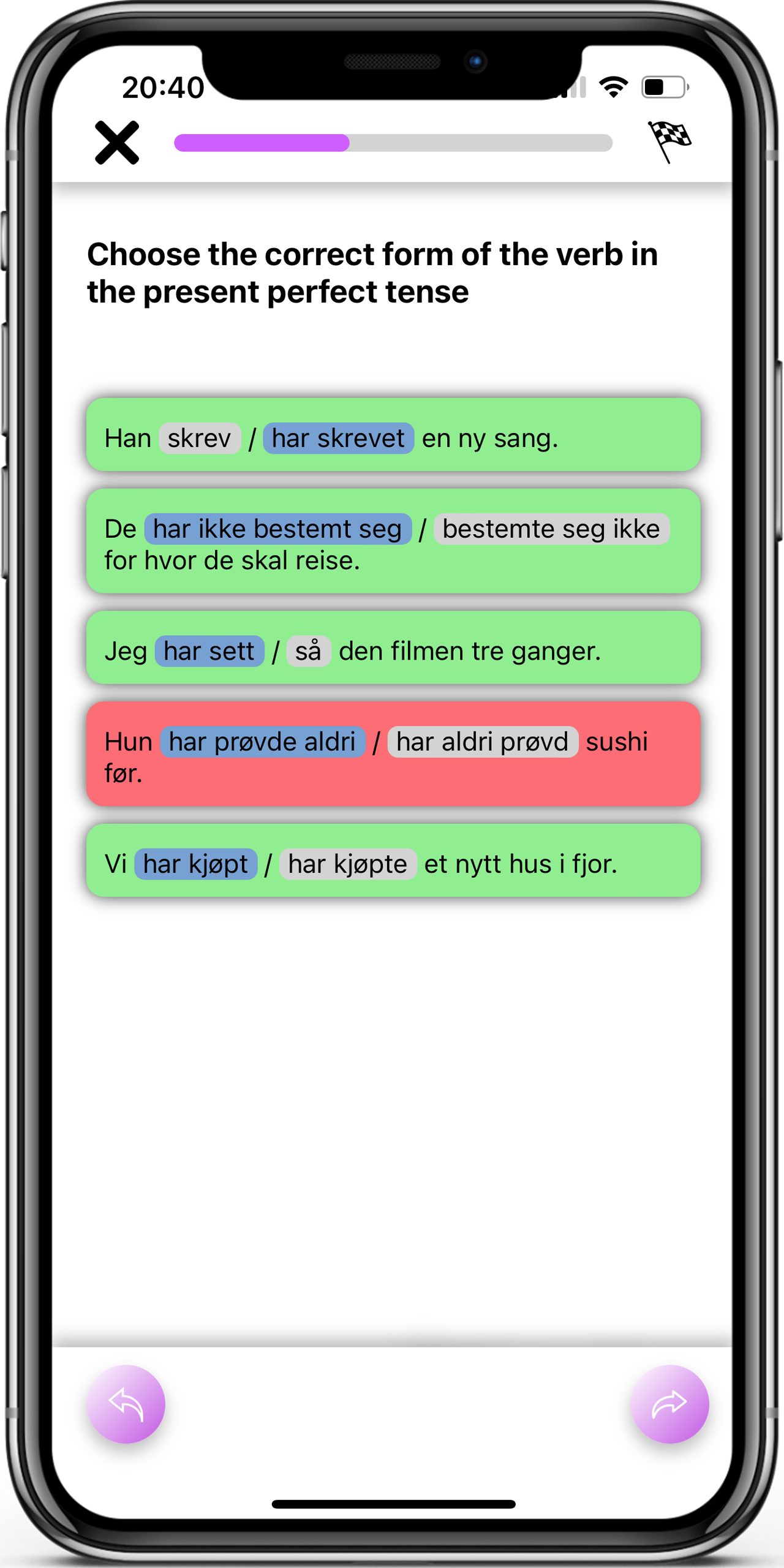 Interactive Exercises in the Learn Norwegian app, screen 3 of 5
