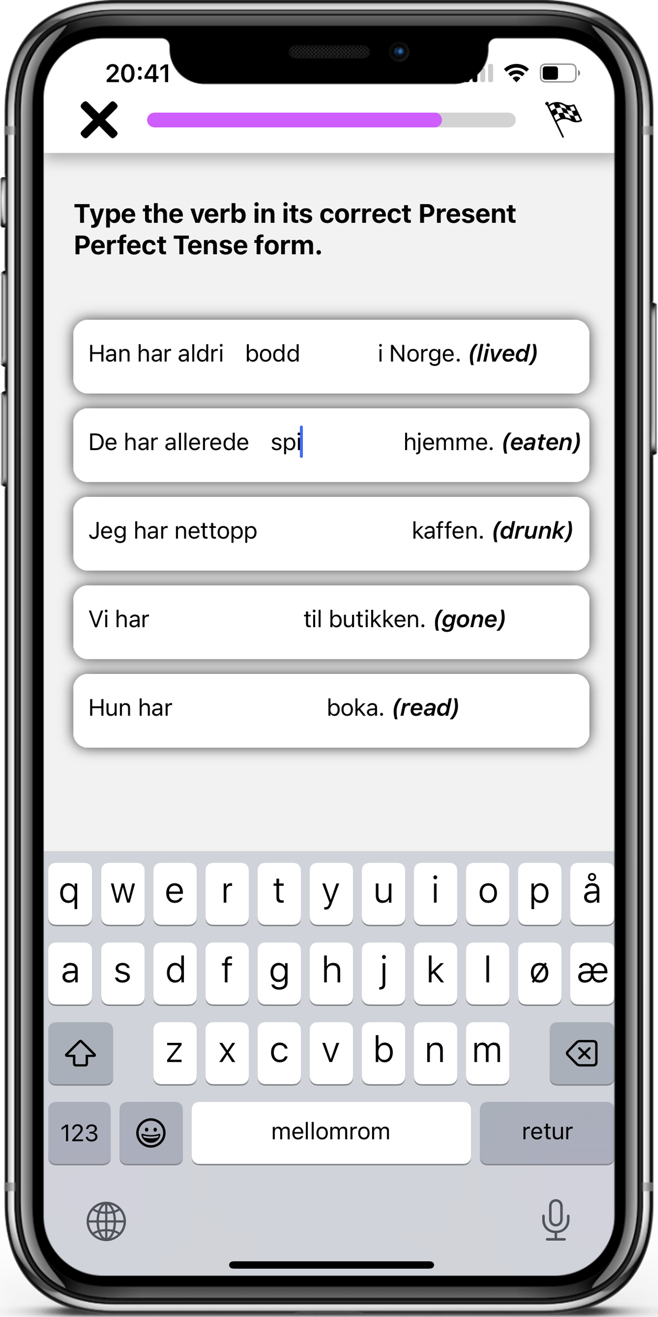 Interactive Exercises in the Learn Norwegian app, screen 4 of 5