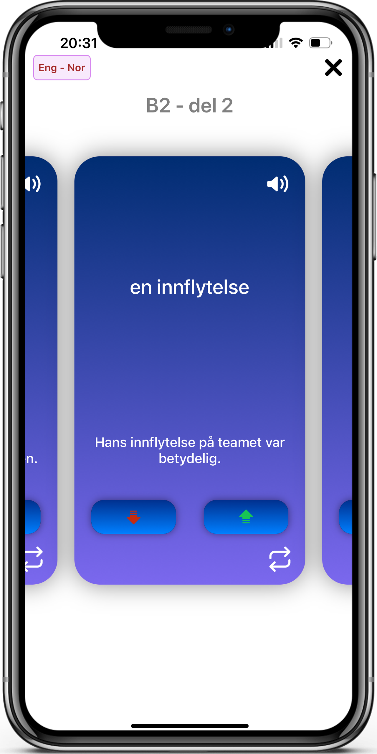 Flashcards in the Learn Norwegian app, screen 1 of 4