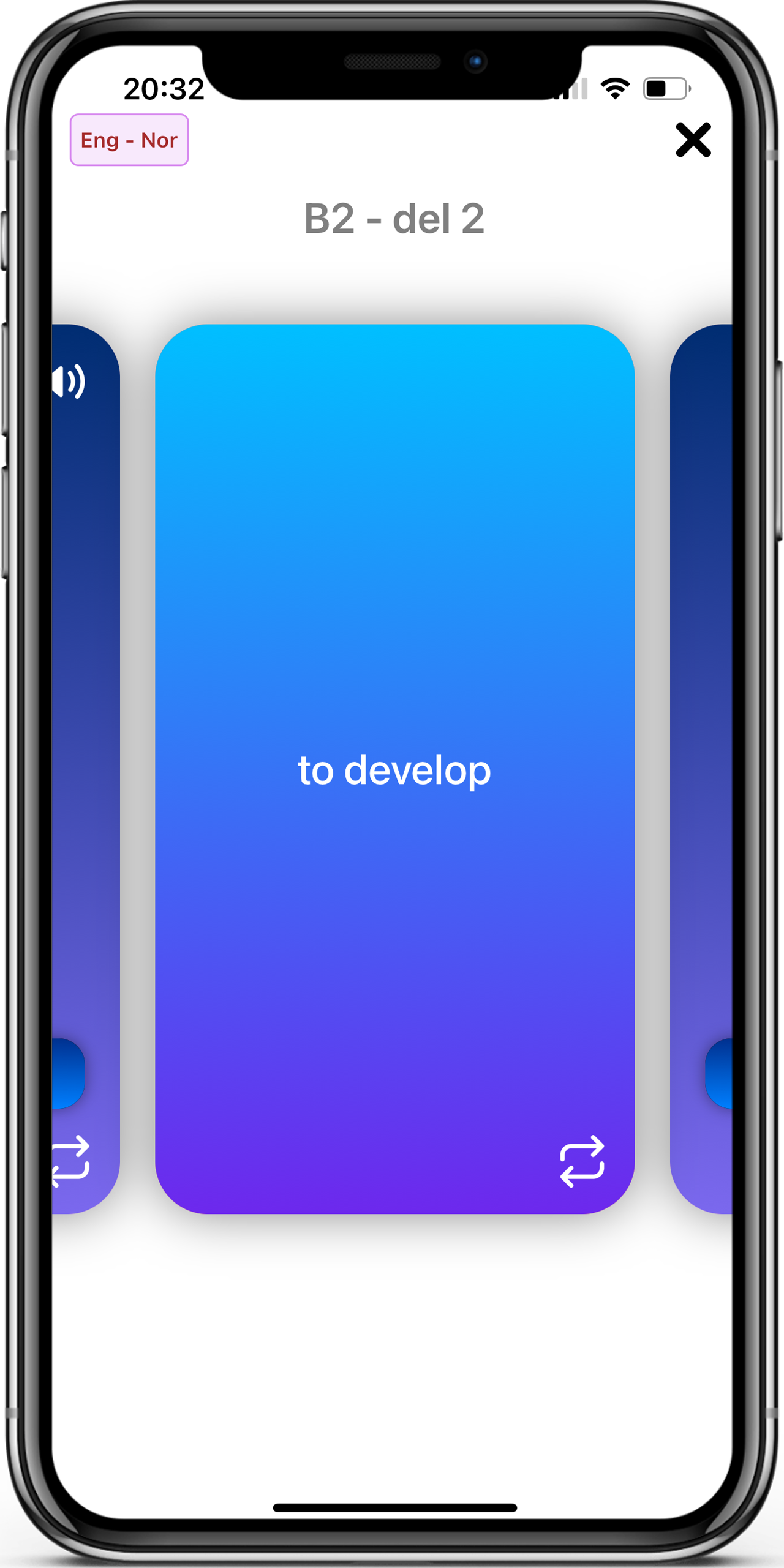 Flashcards in the Learn Norwegian app, screen 2 of 4