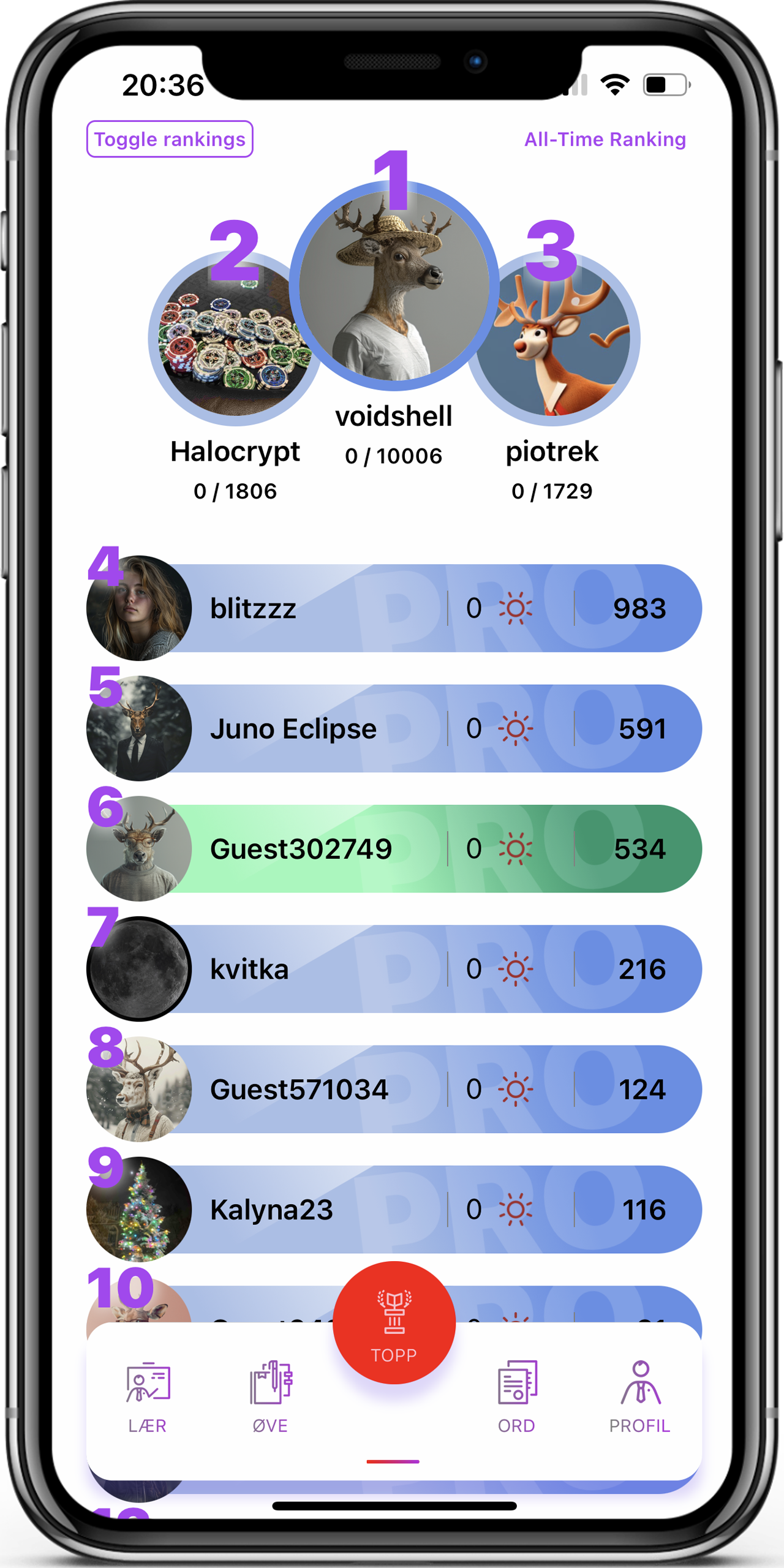 Points & Rankings in the Learn Norwegian app, screen 1 of 2
