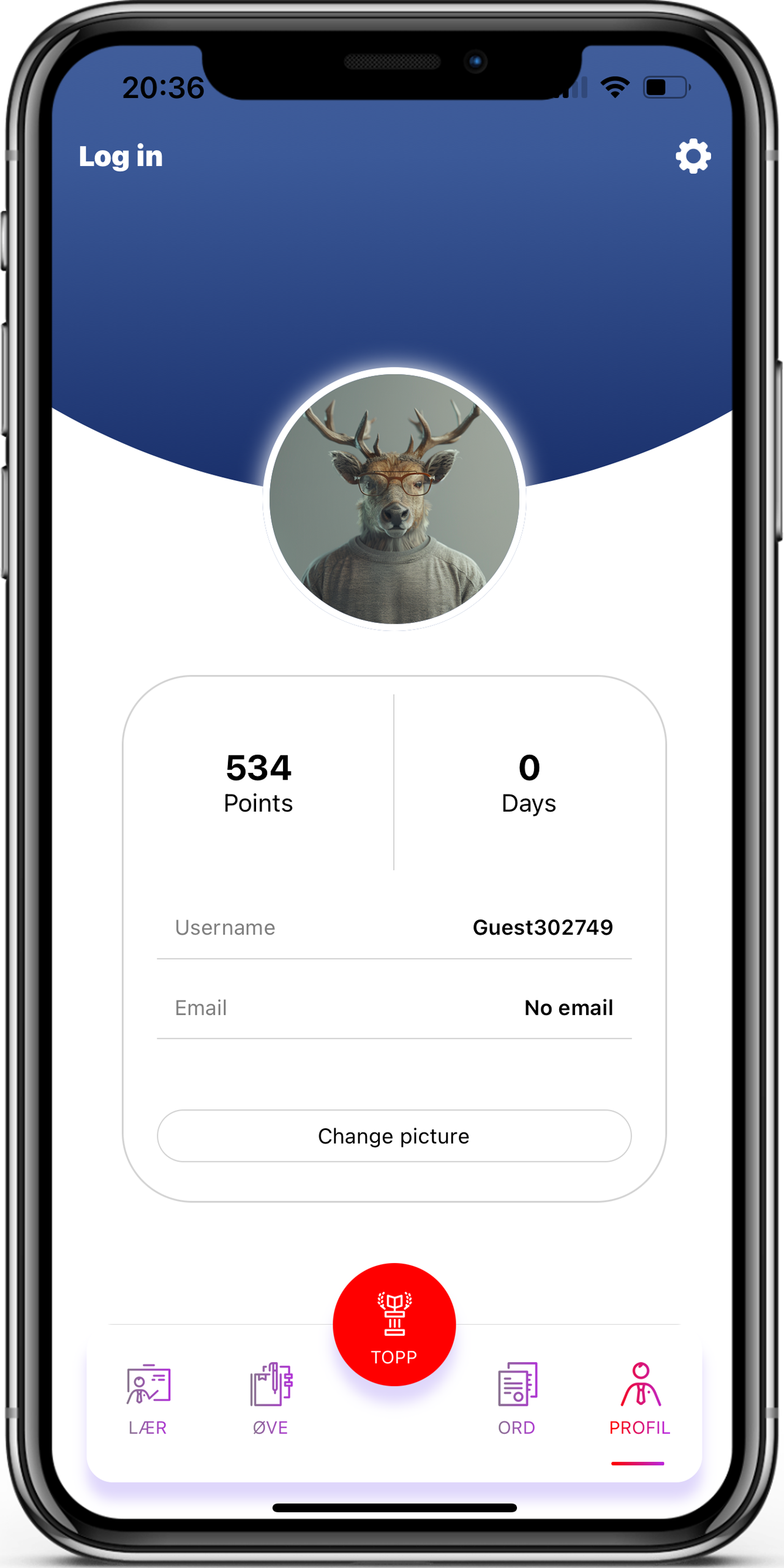 User Profiles in the Learn Norwegian app, screen 1 of 2