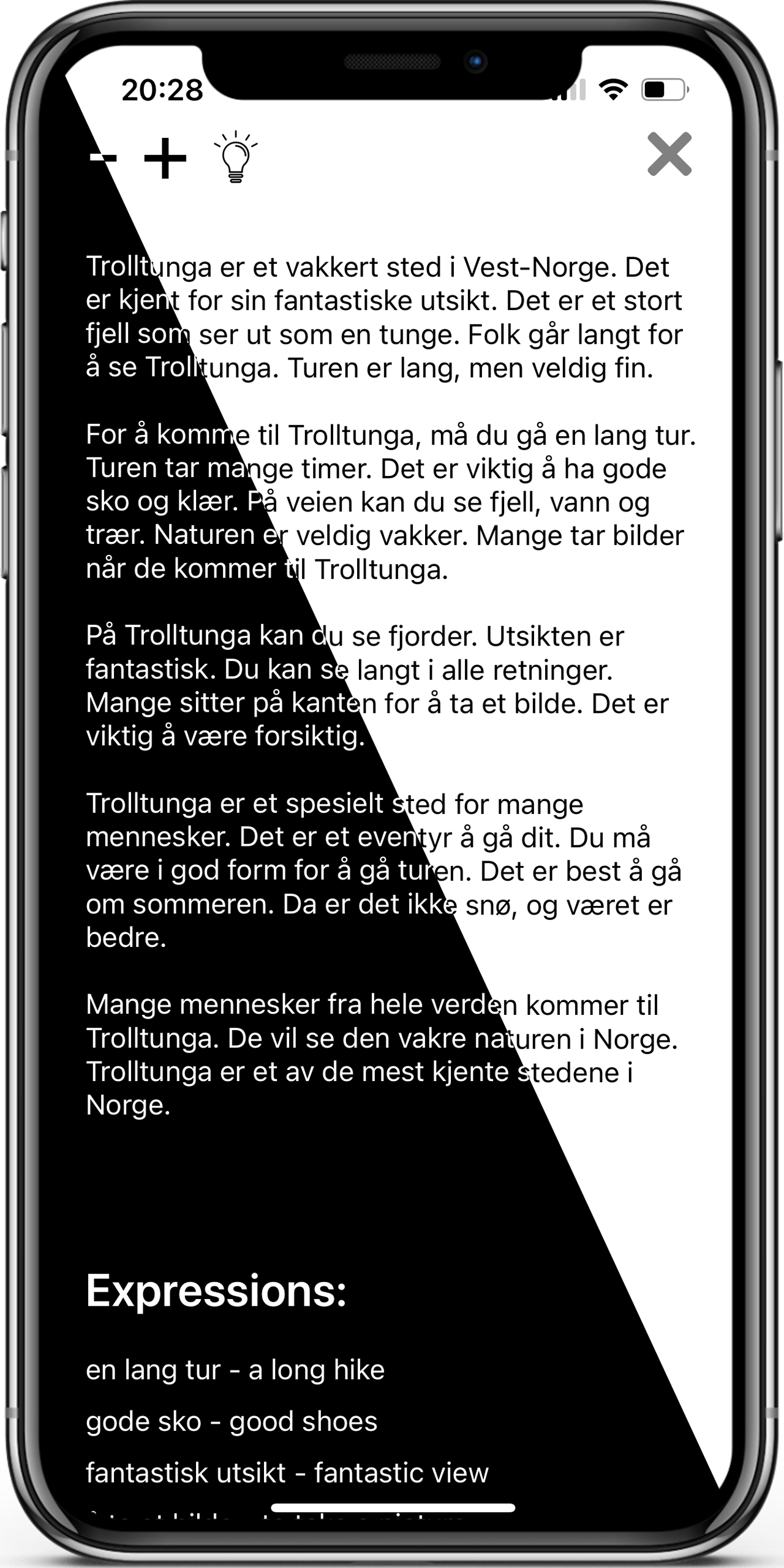 Reading Texts in the Learn Norwegian app, screen 1 of 4