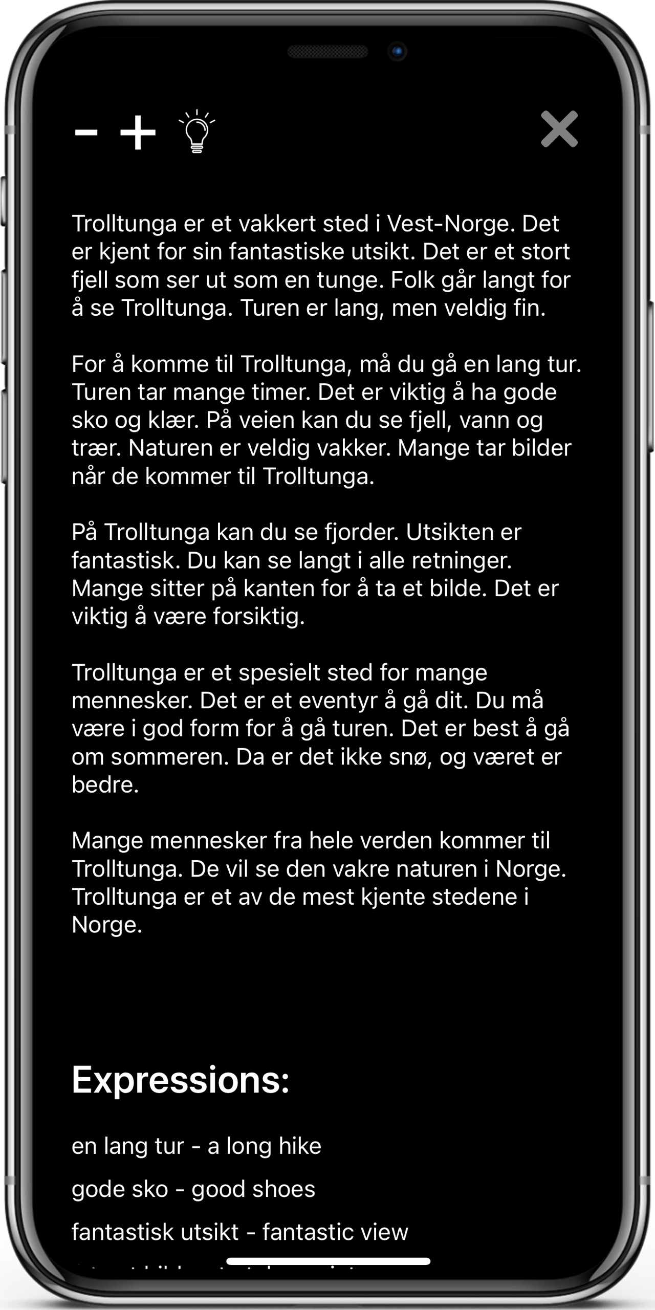 Reading Texts in the Learn Norwegian app, screen 2 of 4