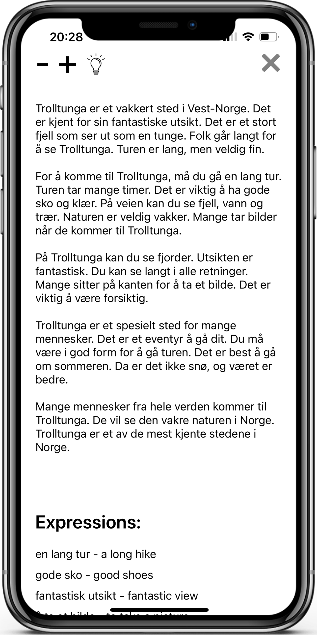 Reading Texts in the Learn Norwegian app, screen 3 of 4